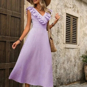 Women's Fashionable V-Neck Striped Summer Dress With Belted Waistline